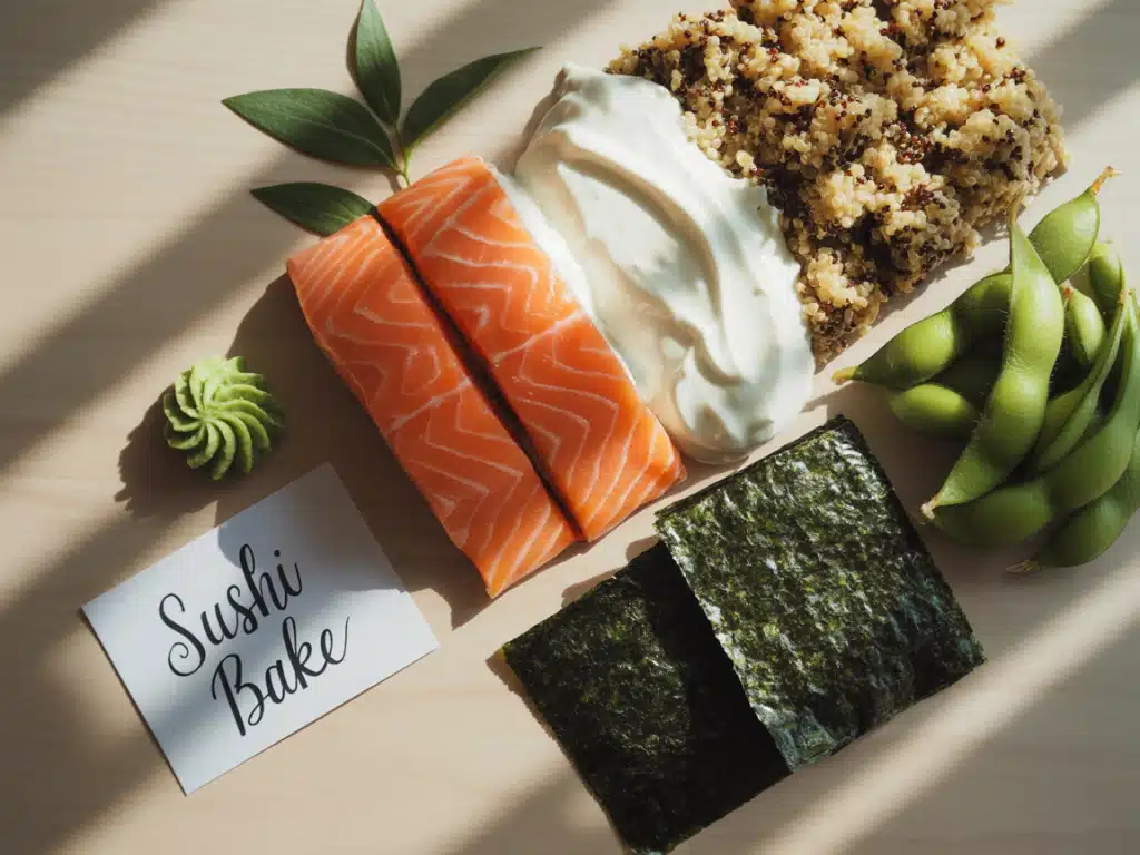 High Protein Sushi Bake Recipe: The Best 30g+ Protein Comfort Dish 5 high protein sushi bake ingredients flat lay