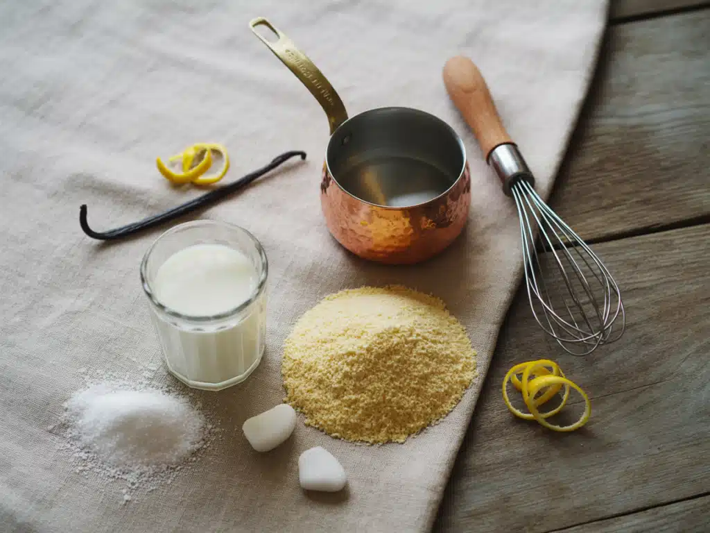Semolina Pudding Recipes – The Best Classic & Creative Sweet Ideas 5 ingredients for semolina pudding laid out