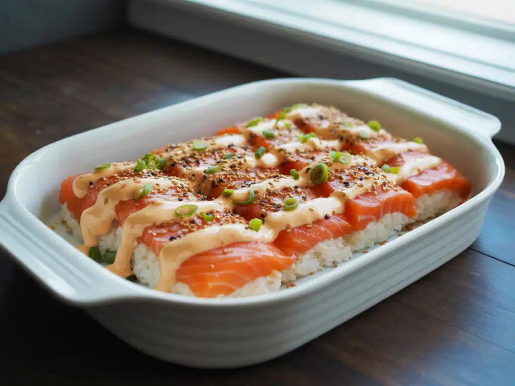 High Protein Sushi Bake Recipe: The Best 30g+ Protein Comfort Dish 7 sushi bake with protein layers mid-prep