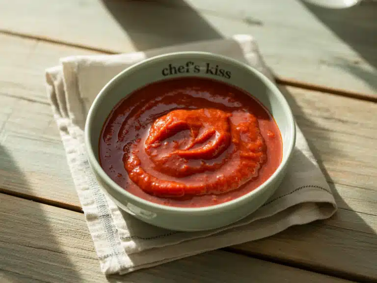 Red Pepper Coulis: The Ultimate Flavor Enhancer for Every Dish 6 Red pepper coulis in a bowl on rustic table