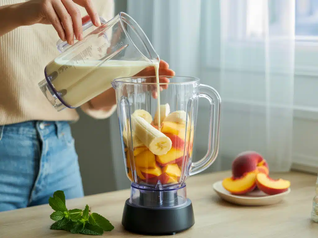 Banana Peach Smoothie Recipe – The Best 5-Minute Healthy Blend 7 making banana peach smoothie in blender