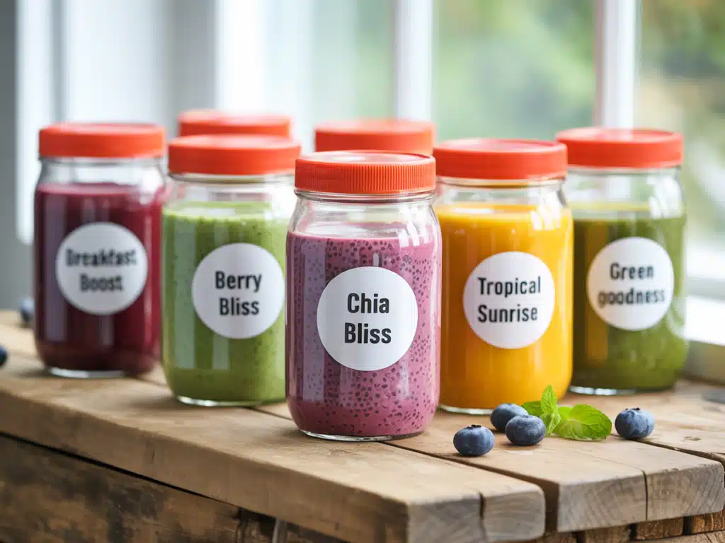 Chia Seeds Smoothie – The Best 5 Blends for Weight & Energy 8 Chia seed smoothie in labeled meal prep jars