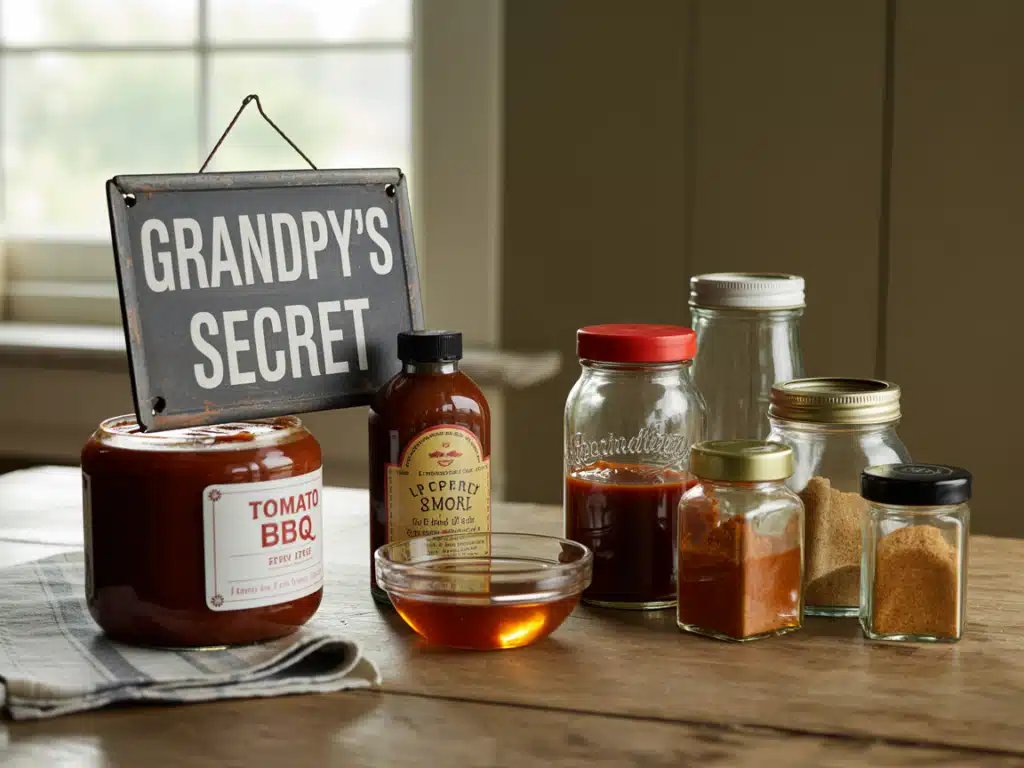 Hickory Smoked BBQ Sauce – The Best Bold Flavor for BBQ Lovers 5 Ingredients for hickory smoked BBQ sauce on kitchen counter