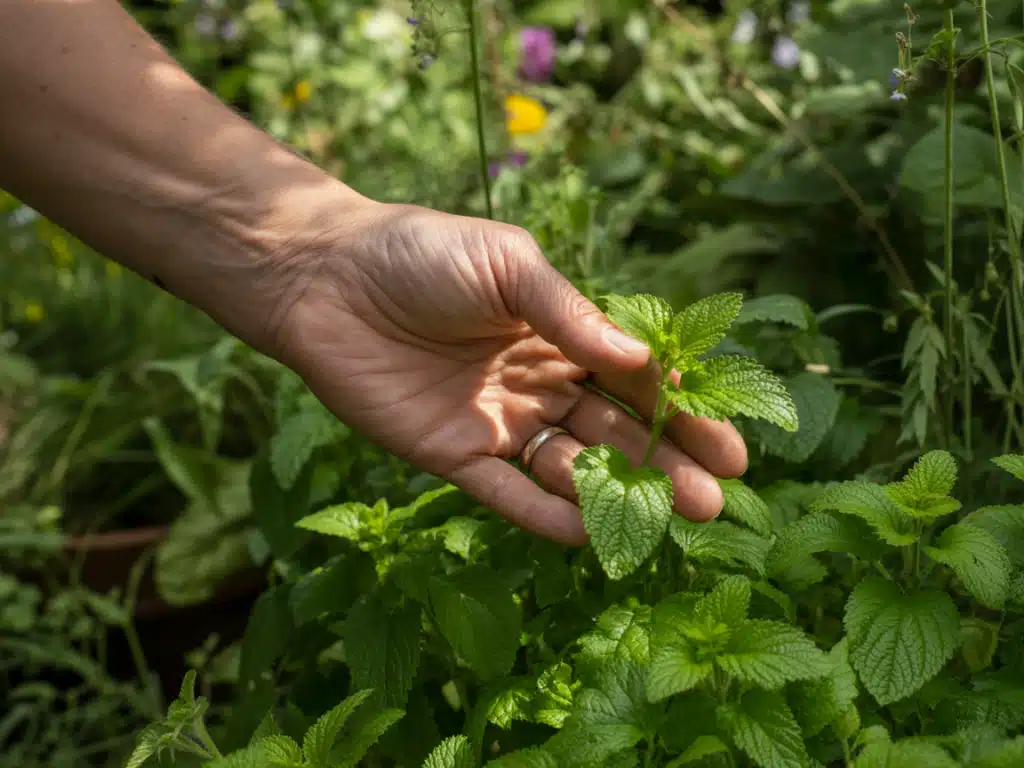 Lemon Balm Recipe – The Best 5-Minute Herbal Drink for Wellness 8 Harvesting lemon balm leaves from garden
