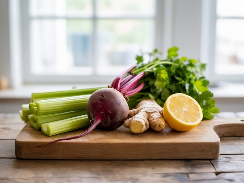 Liver Flush Juice Recipe – The Best 5-Ingredient Detox for Liver Health 5 Liver flush juice ingredients including beet, celery, and lemon