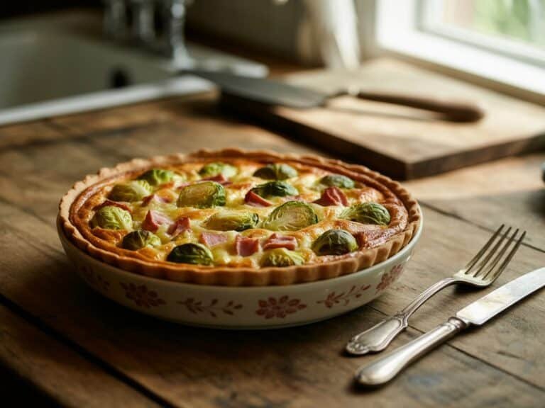 Brussel Sprouts and Ham Quiche – The Ultimate Savory Delight for Any Meal 6 brussel sprouts and ham quiche in ceramic dish