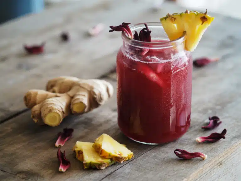 Zobo Drink – The Best 7 Benefits & Flat Belly Recipe 7 Zobo drink in glass jar with hibiscus and pineapple