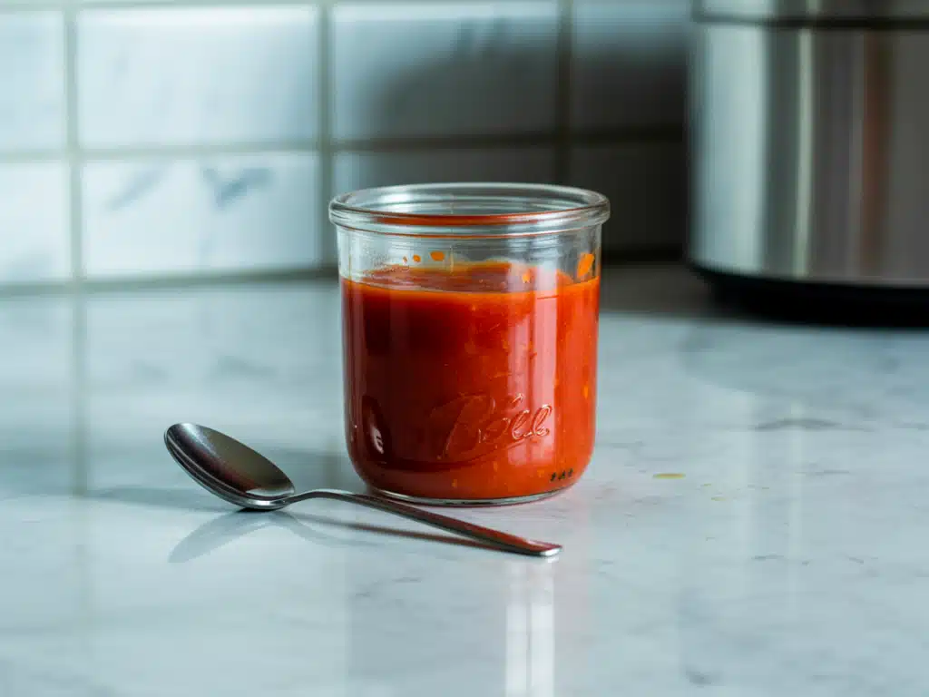 Red Pepper Coulis: The Ultimate Flavor Enhancer for Every Dish 8 Red pepper coulis stored in a glass jar