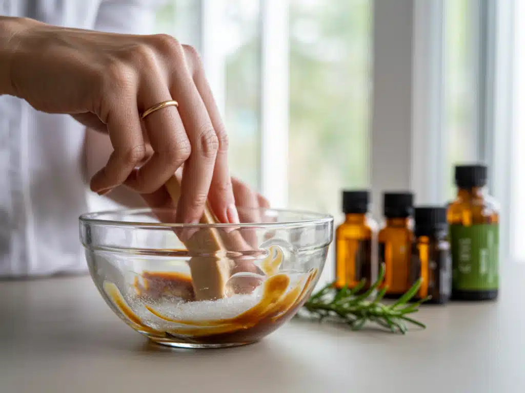 Easy Homemade Sugar Scrub – The Best 3-Ingredient DIY for Glowing Skin 5 mixing coconut oil and sugar for scrub