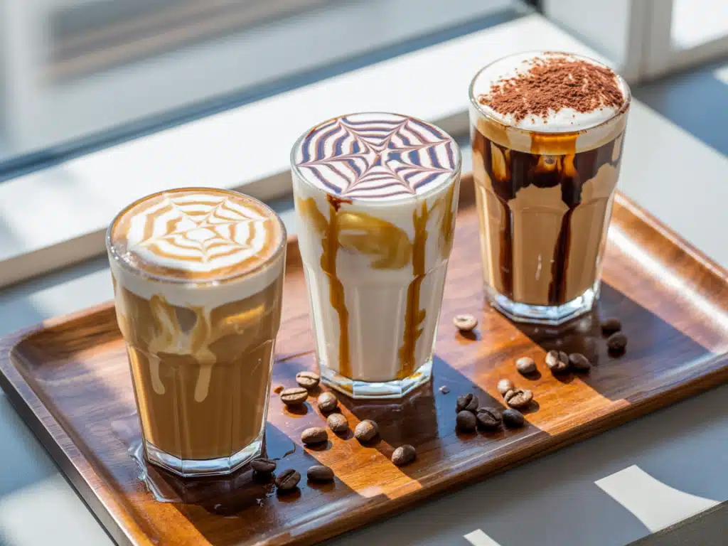 Breve Latte – The Best Creamy Coffee Upgrade You Need to Try Today 8 Iced breve latte flavor variations on serving tray