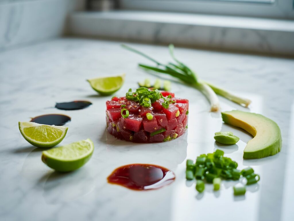 Ahi Tuna Tartare: The Ultimate Guide to Making This Luxurious Appetizer at Home 6 Ahi Tuna Tartare ingredients including avocado and lime