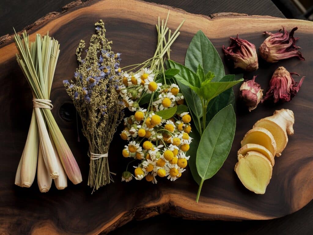 Costa Rican Tea Recipe – The Best Belly Fat Burner Ever 5 Costa Rican herbal tea ingredients on wooden board