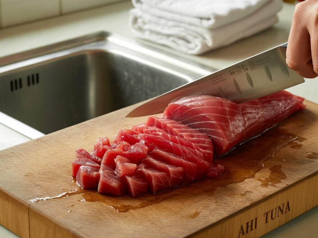 Ahi Tuna Tartare: The Ultimate Guide to Making This Luxurious Appetizer at Home 5 Sushi-grade Ahi tuna being diced for tartare