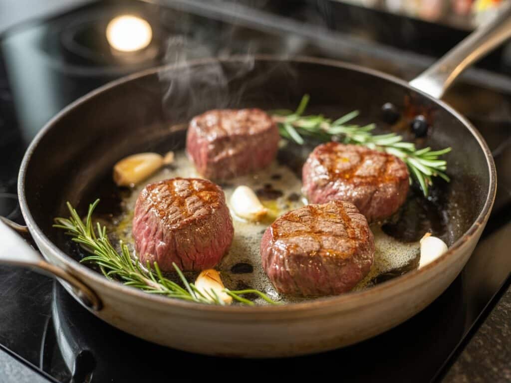 Beef Tenderloin Medallions – The Ultimate Guide to Cooking Perfect Medallions 7 Pan searing beef medallions with garlic and rosemary
