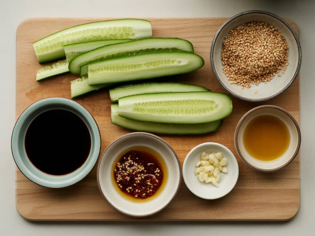 Viral Cucumber Salad Recipe: Why This Trending Dish is Blowing Up Online 5 viral cucumber salad ingredients flat lay