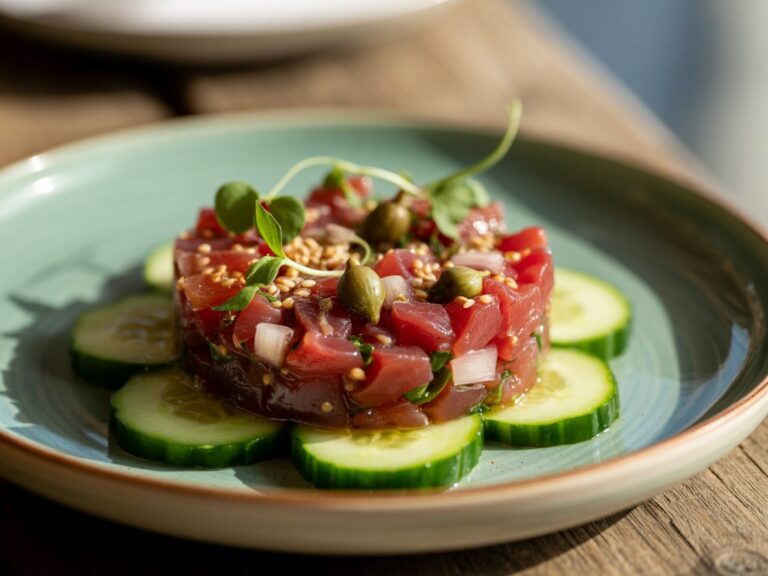 Ahi Tuna Tartare: The Ultimate Guide to Making This Luxurious Appetizer at Home 7 Ahi Tuna Tartare served on cucumber rounds with microgreens